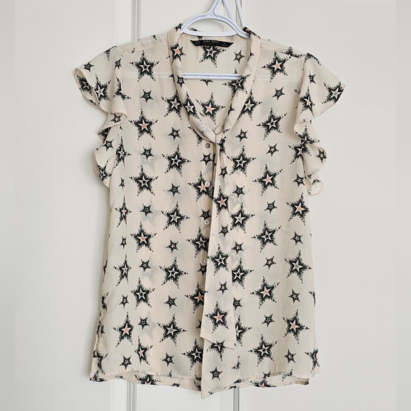 Zara Star Print Tie Neck Ruffle Sleeve Blouse - Picture 1 of 7